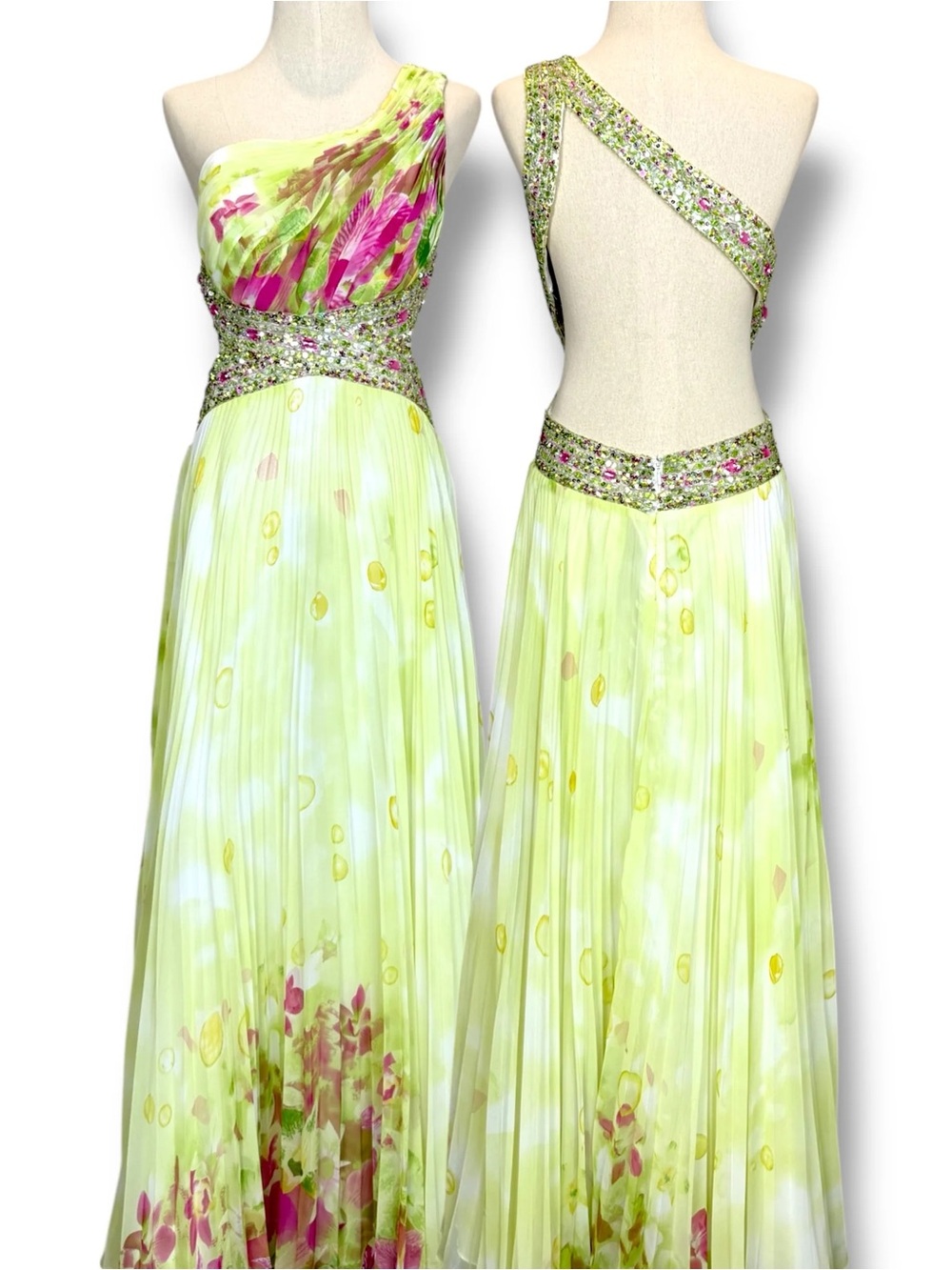 One-Shoulder Lime Floral Evening Gown with Embellished Waist